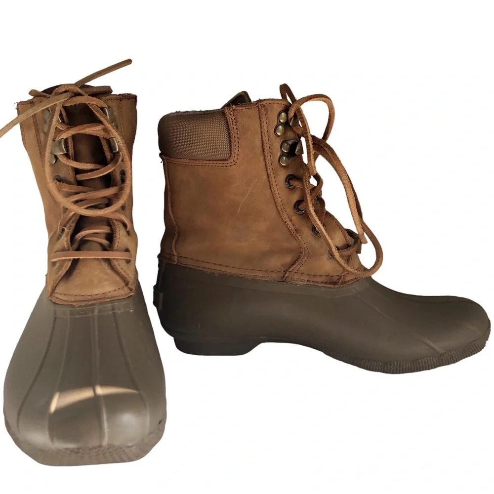 Sperry Shearwater Waterproof Duck Boots Womens 6 Tan Winter Rain Boots Coastal